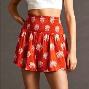 Anthropologie Silky Smocked Shorts in Orange Print. Size Small. NWOT
